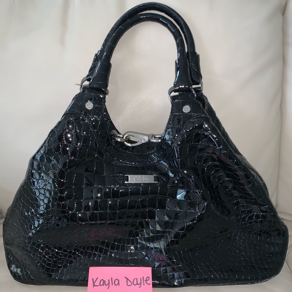 Cole Haan crocodile embossed patent leather hobo